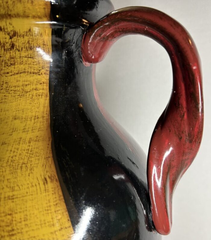 1990s classically inspired decorative art vase with swirl design in red green black and gold 1673