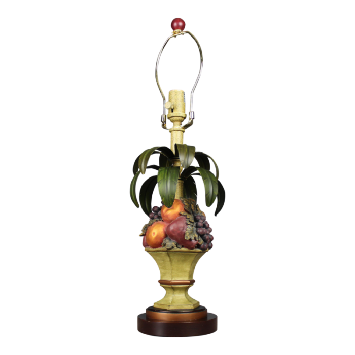 1990s oriental accent table lamp topiary fruit basket tole metal leaves 2299