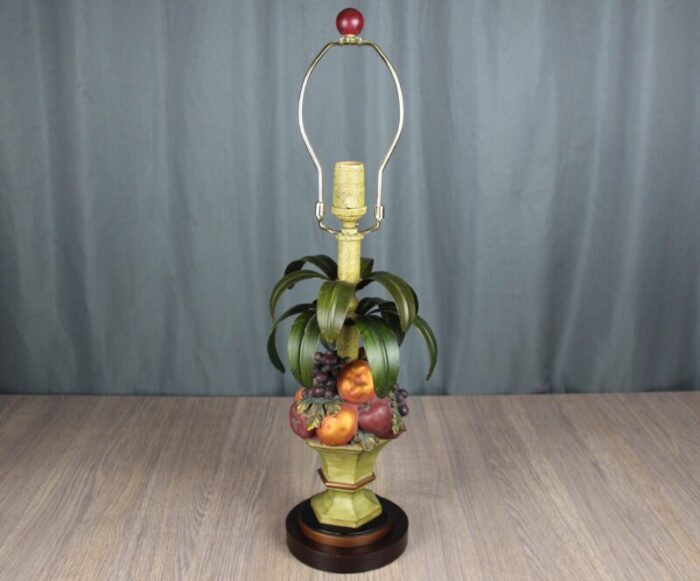 1990s oriental accent table lamp topiary fruit basket tole metal leaves 5532