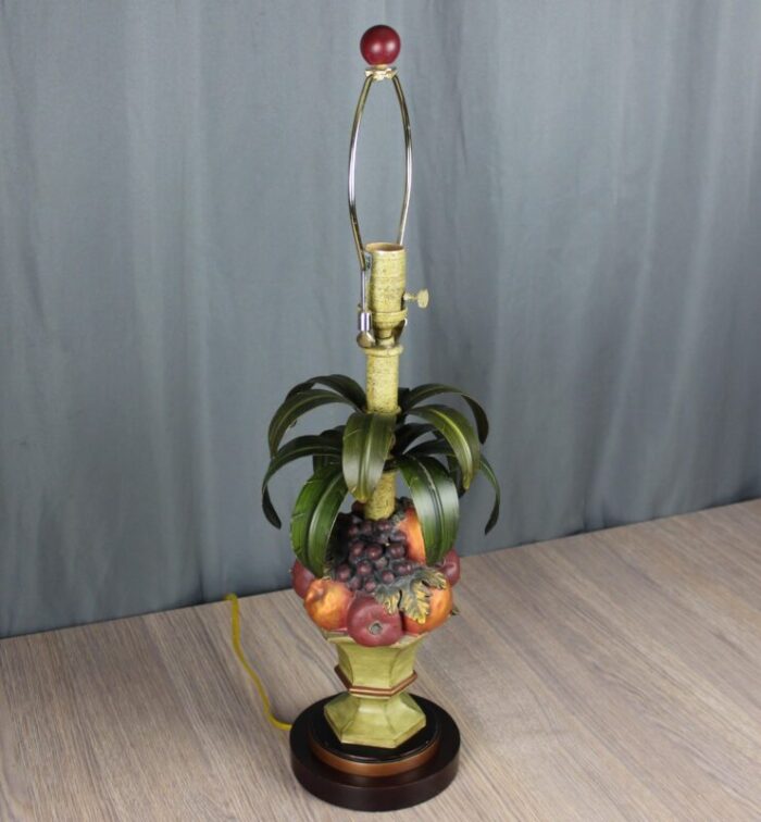 1990s oriental accent table lamp topiary fruit basket tole metal leaves 8418