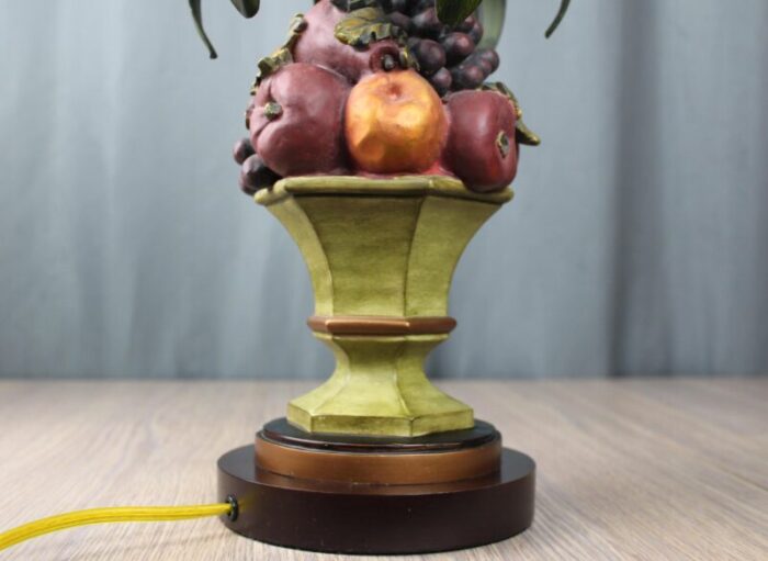 1990s oriental accent table lamp topiary fruit basket tole metal leaves 8744