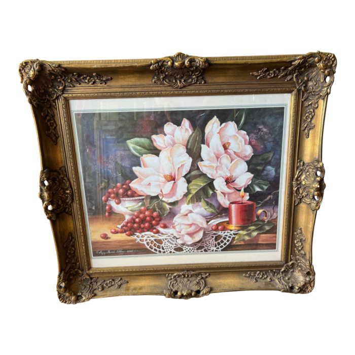 1990s vintage framed magnolia flower print by peggy thatch sibley 1324