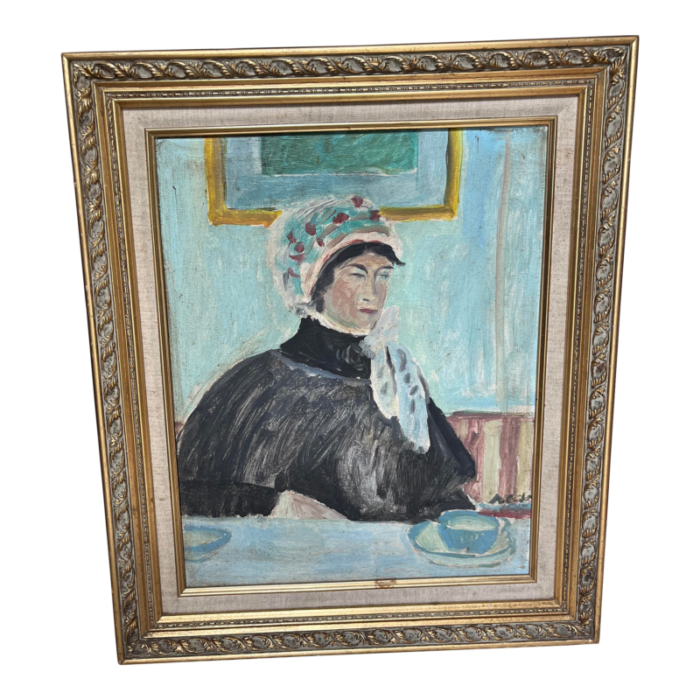 1990s vintage oil portrait painting woman seated in bonnet and scarf framed 7131