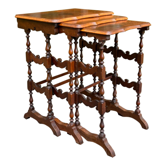 19th century european burled walnut trestle style nesting tables set of 3 8671