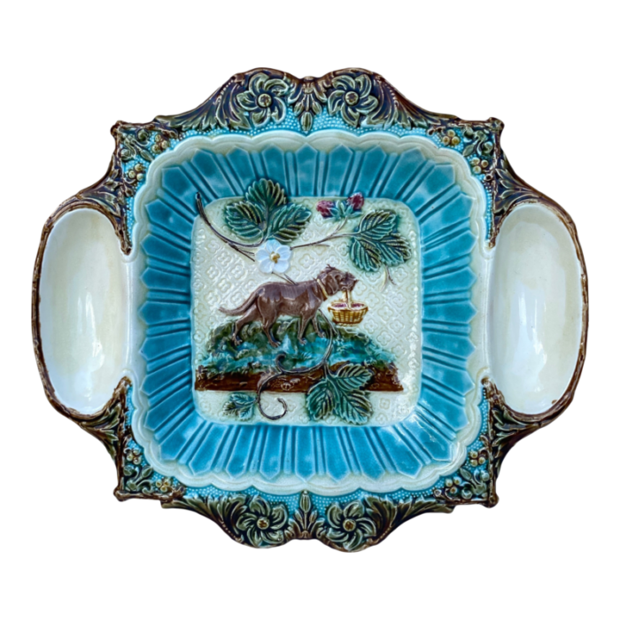 19th century majolica strawberries platter with dog holding a basket 1197