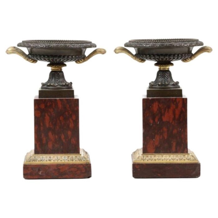 19th century vases in bronze and red marble france set of 2 1