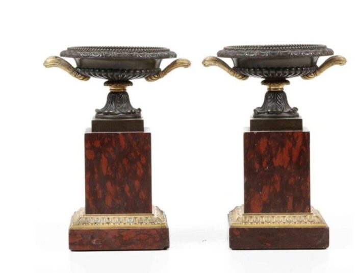 19th century vases in bronze and red marble france set of 2 2