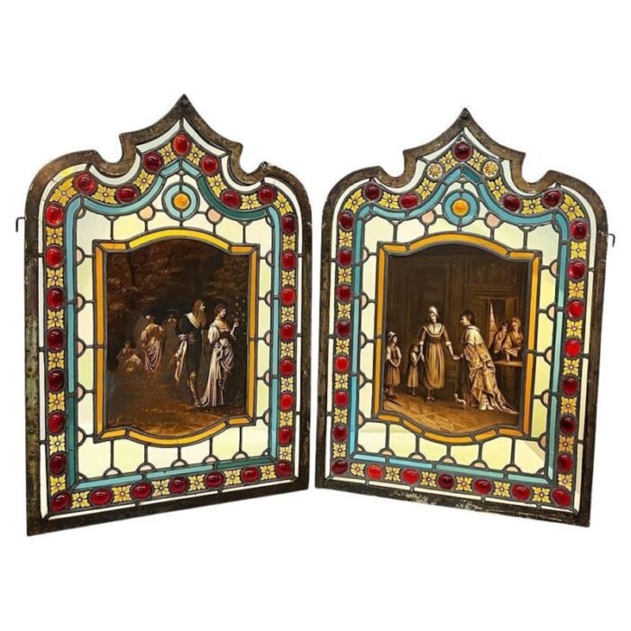 19th century window panels in stained glass set of 2 1