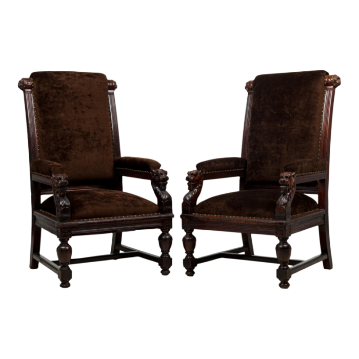 2 similar english victorian brown upholstered judges chairs a pair 9799