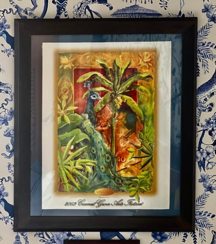 2003 coconut grove arts festival poster framed peacocks and palms 4584