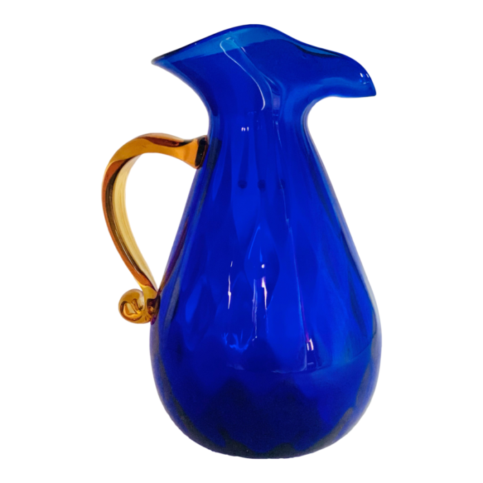 2008 winslow anderson for blenko cobalt diamond optic glass pitcher with applied topaz handle 9529 0782