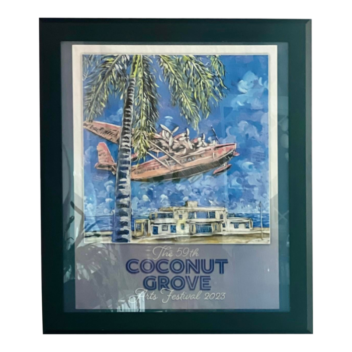 2023 coconut grove 59th arts festival poster with pink seaplane framed 5973