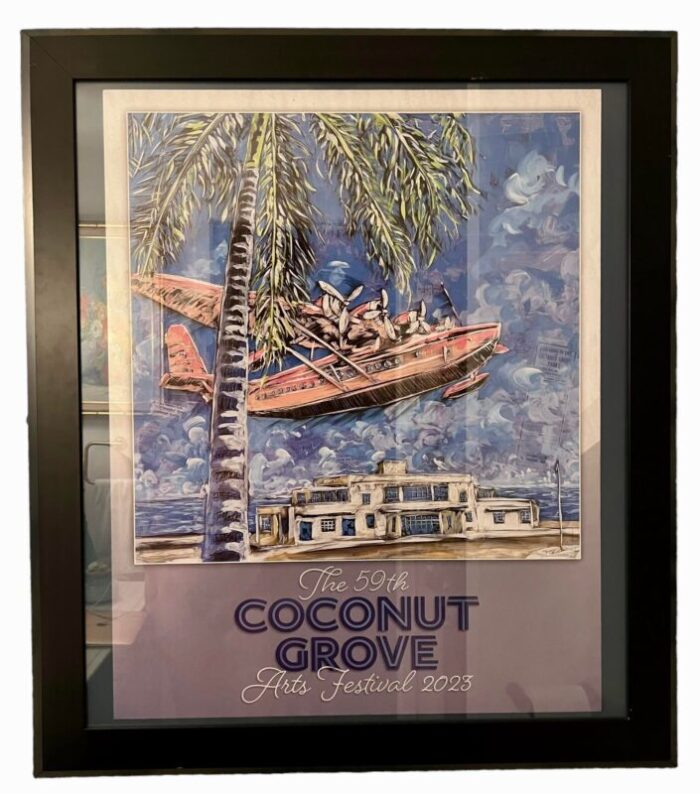 2023 coconut grove 59th arts festival poster with pink seaplane framed 9371