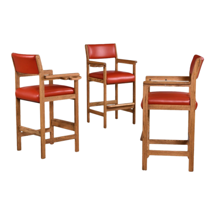 3 restored vintage solid oak red leather pool room billiard barstools 3576