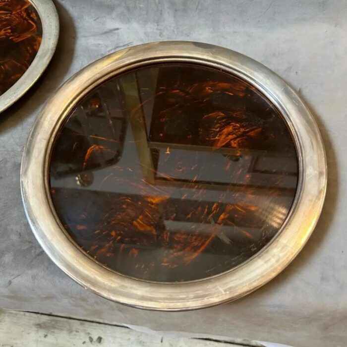 a pair of 1970s mid century modern fake tortoise lucite round trays by guzzini 1258