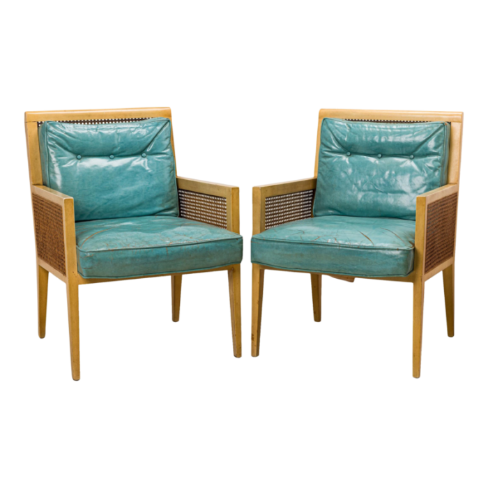 american mid century blond wood cane and blue leather lounge armchairs a pair 3927