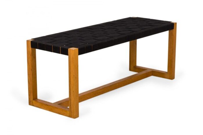 american mid century modern woven black webbing and bleached walnut rectangular bench 6845