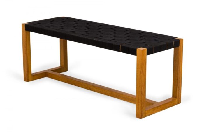 american mid century modern woven black webbing and bleached walnut rectangular bench 7687