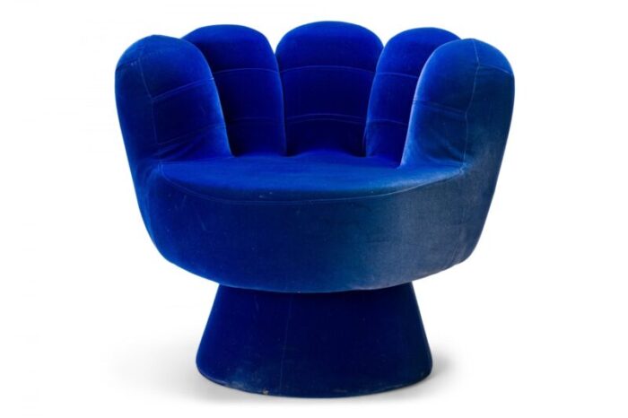 american mid century pop art style blue velour upholstered hand chair 5519