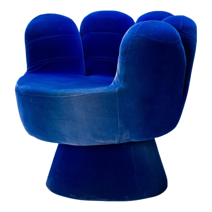 american mid century pop art style blue velour upholstered hand chair 7823