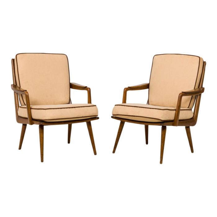 american mid century walnut and beige fabric upholstered petite lounge armchairs a pair 6923