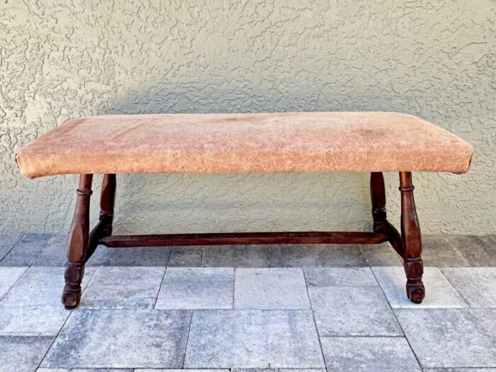 antique 19th century dark wood and upholstered footboard bench 1768