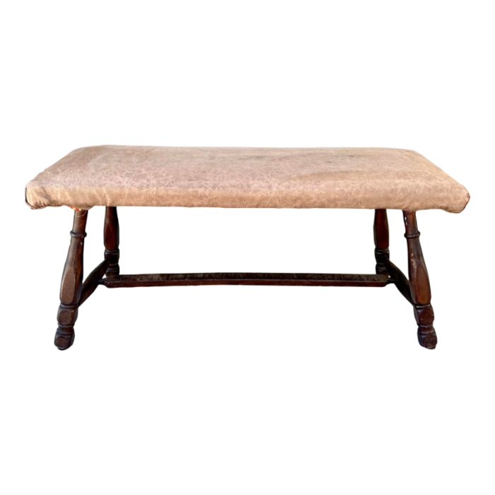 antique 19th century dark wood and upholstered footboard bench 8719