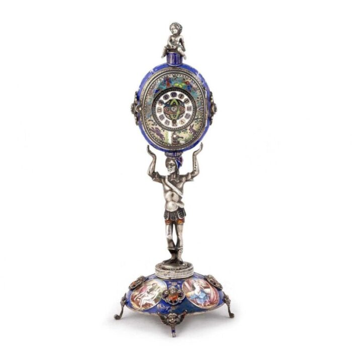 antique 19th century viennese enamel silver allegorical desk clock austria 3