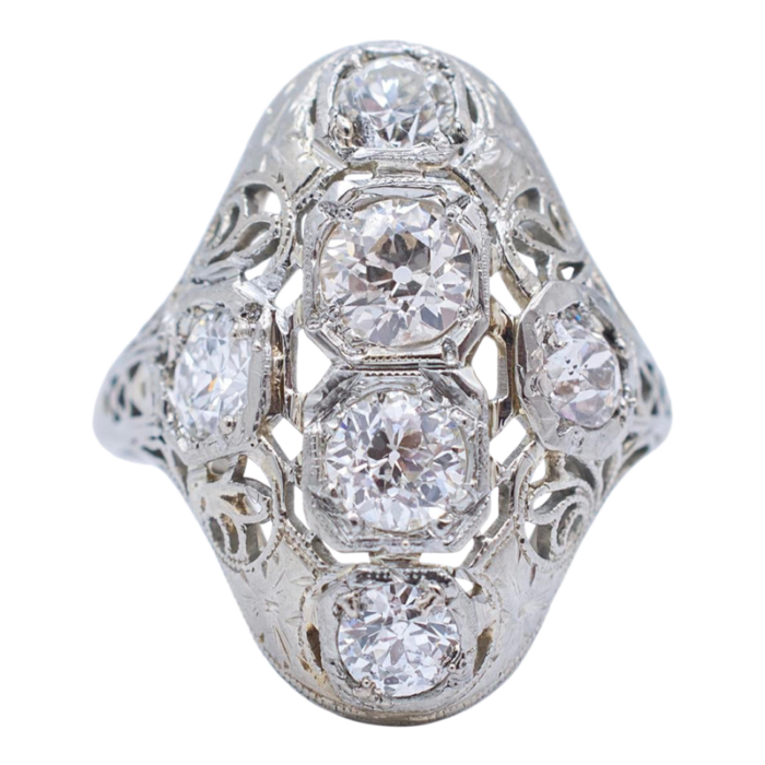 antique art deco filigreed 18k white gold old european cut diamond cocktail ring size 65 8252