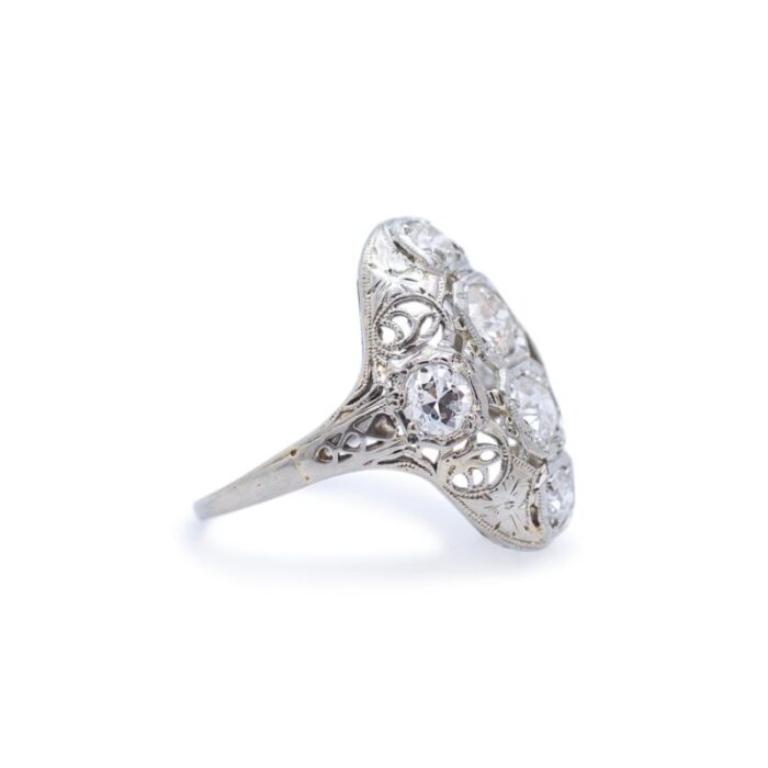 antique art deco filigreed 18k white gold old european cut diamond cocktail ring size 65 9514