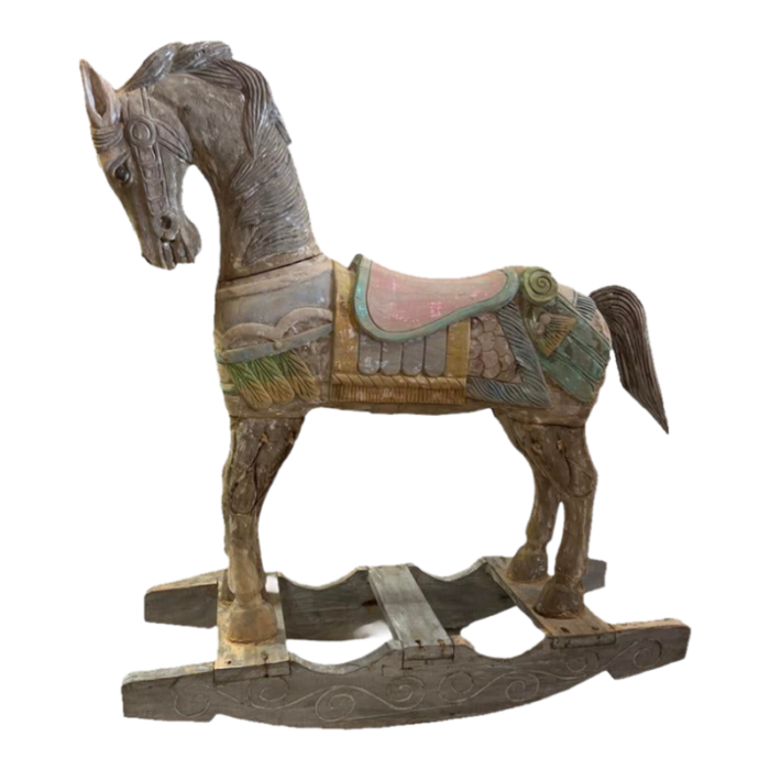 antique carved wood collectible rocking horse in polychrome wood painted sculpture 0714