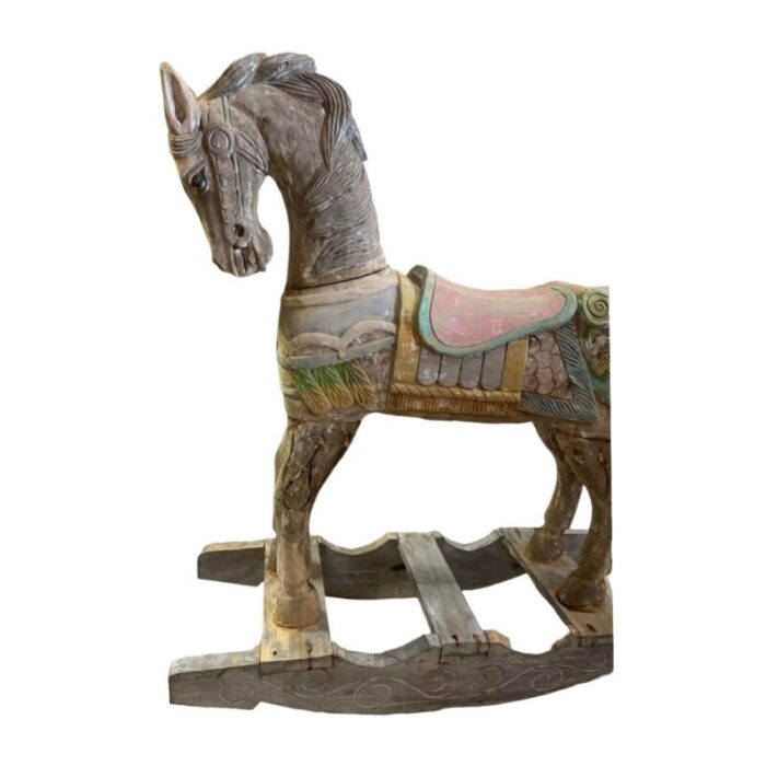 antique carved wood collectible rocking horse in polychrome wood painted sculpture 7337