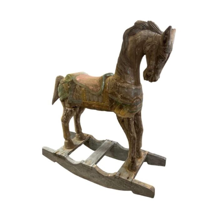 antique carved wood collectible rocking horse in polychrome wood painted sculpture 9368