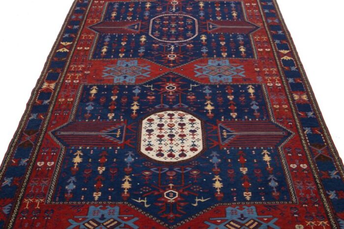 antique caucasian dagestan handmade wool runner in blue color with tribal motif 5419