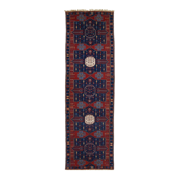 antique caucasian dagestan handmade wool runner in blue color with tribal motif 5564