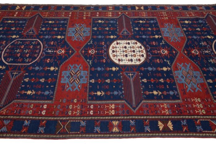 antique caucasian dagestan handmade wool runner in blue color with tribal motif 7079