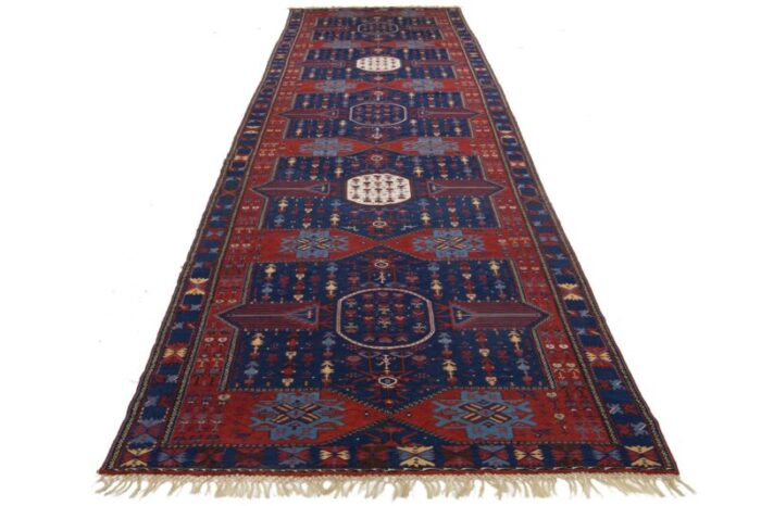 antique caucasian dagestan handmade wool runner in blue color with tribal motif 8050