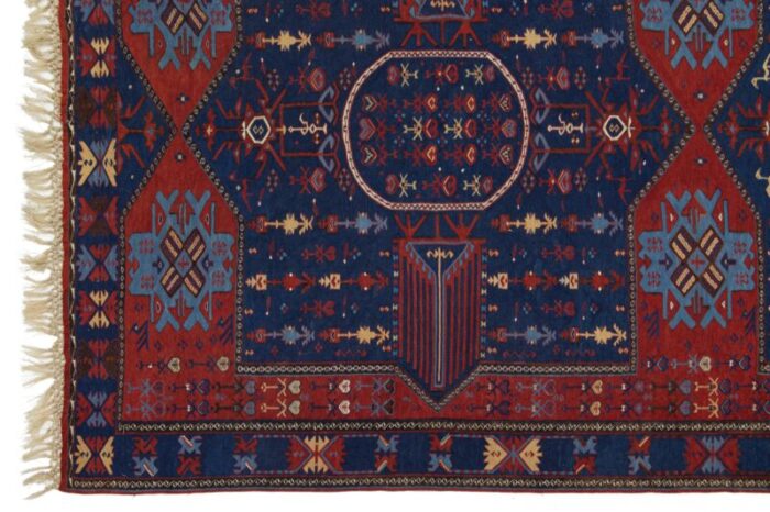 antique caucasian dagestan handmade wool runner in blue color with tribal motif 9084