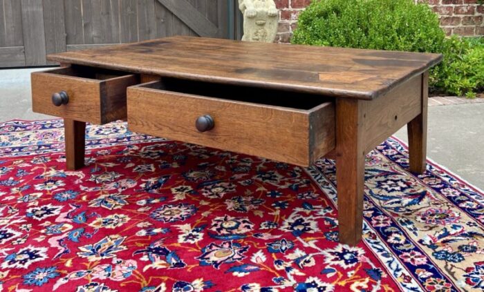 antique english coffee table farmhouse rustic oak drawers shaker legs mid 19th c 0553