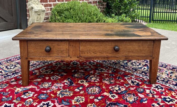 antique english coffee table farmhouse rustic oak drawers shaker legs mid 19th c 1264