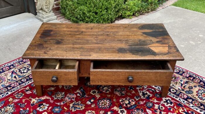 antique english coffee table farmhouse rustic oak drawers shaker legs mid 19th c 4622