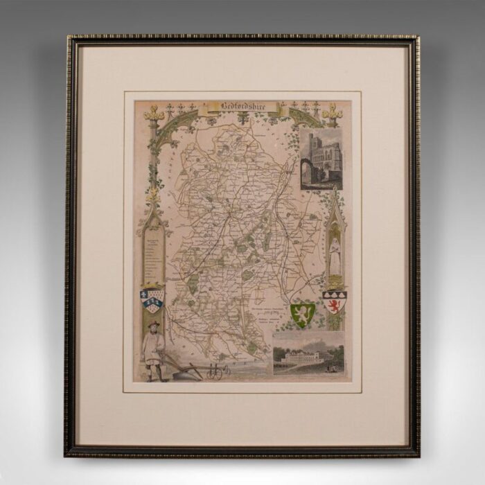 antique framed lithographic map of bedfordshire england 1