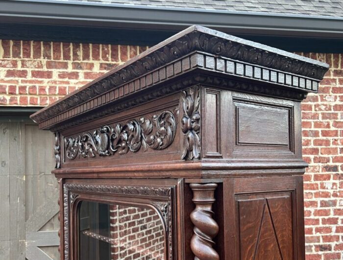 antique french bookcase cabinet display barley twist oak renaissance 19th c 8431