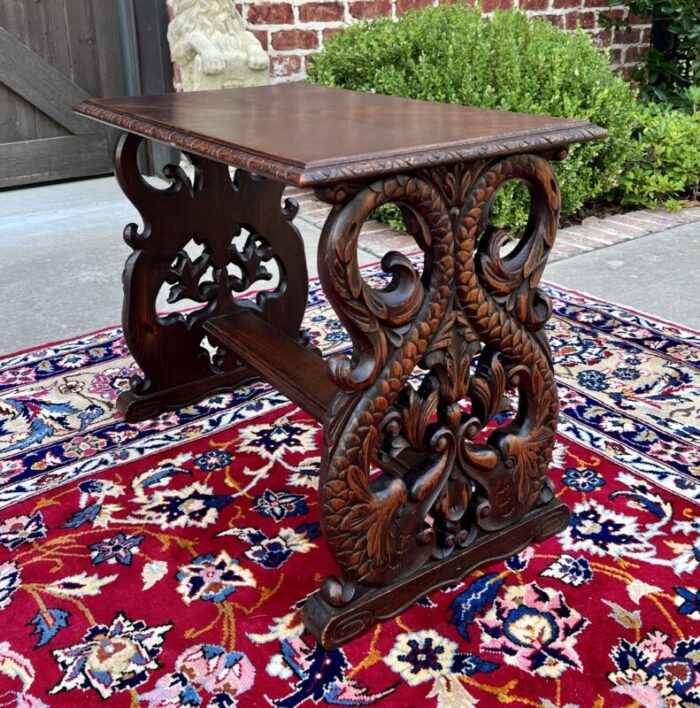 antique french coffee table end side table dolphins carved oak renaissance 1876