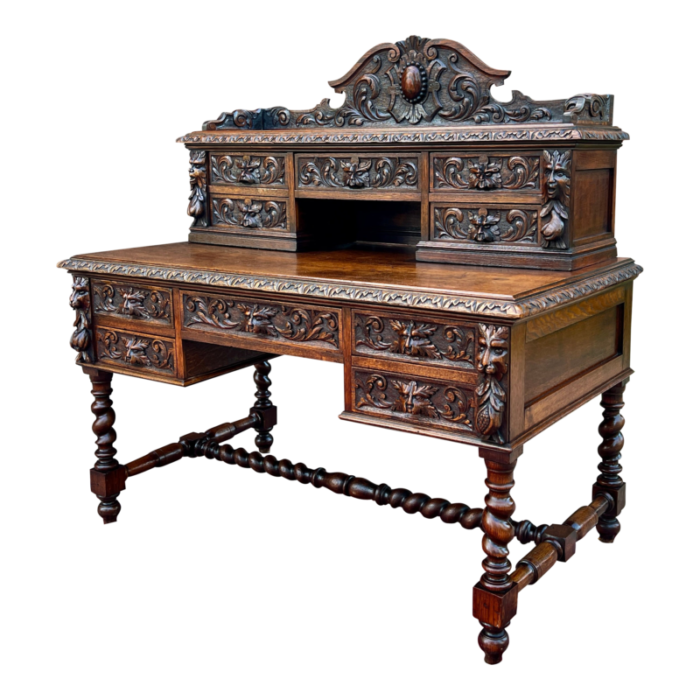 antique french desk library office barley twist renaissance revival oak 19th c 0760