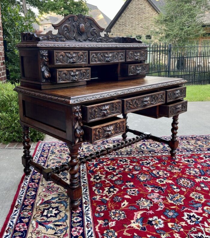 antique french desk library office barley twist renaissance revival oak 19th c 0836