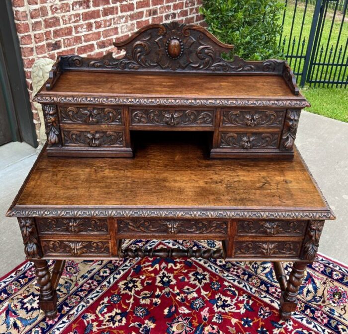 antique french desk library office barley twist renaissance revival oak 19th c 1519