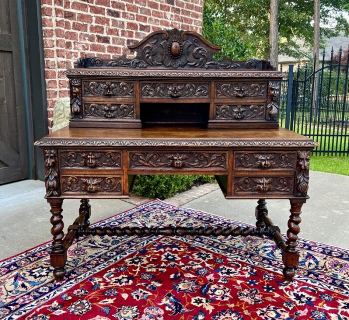 antique french desk library office barley twist renaissance revival oak 19th c 1786