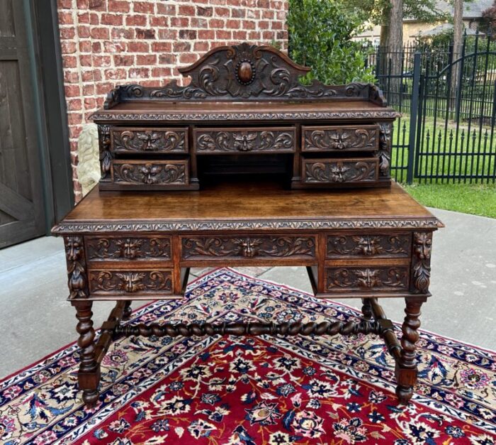 antique french desk library office barley twist renaissance revival oak 19th c 2327