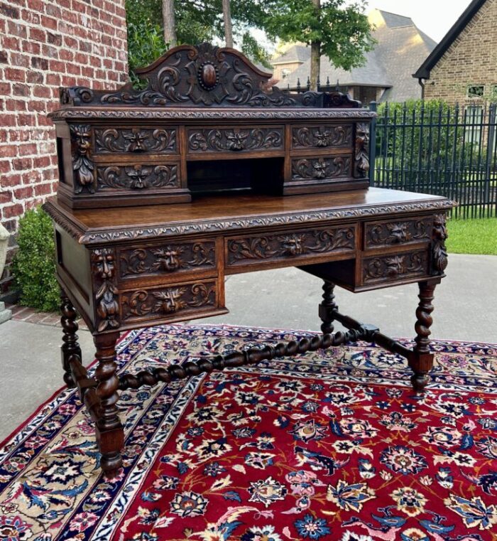 antique french desk library office barley twist renaissance revival oak 19th c 4463